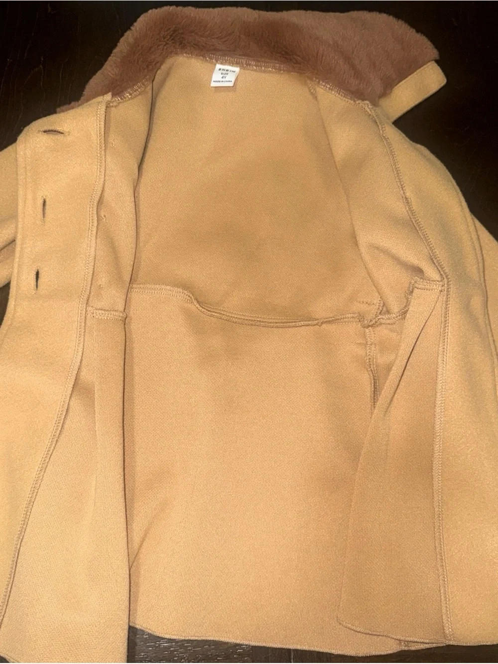 SHEIN Girls' Camel Pea Coat with Brown Faux Fur Collar